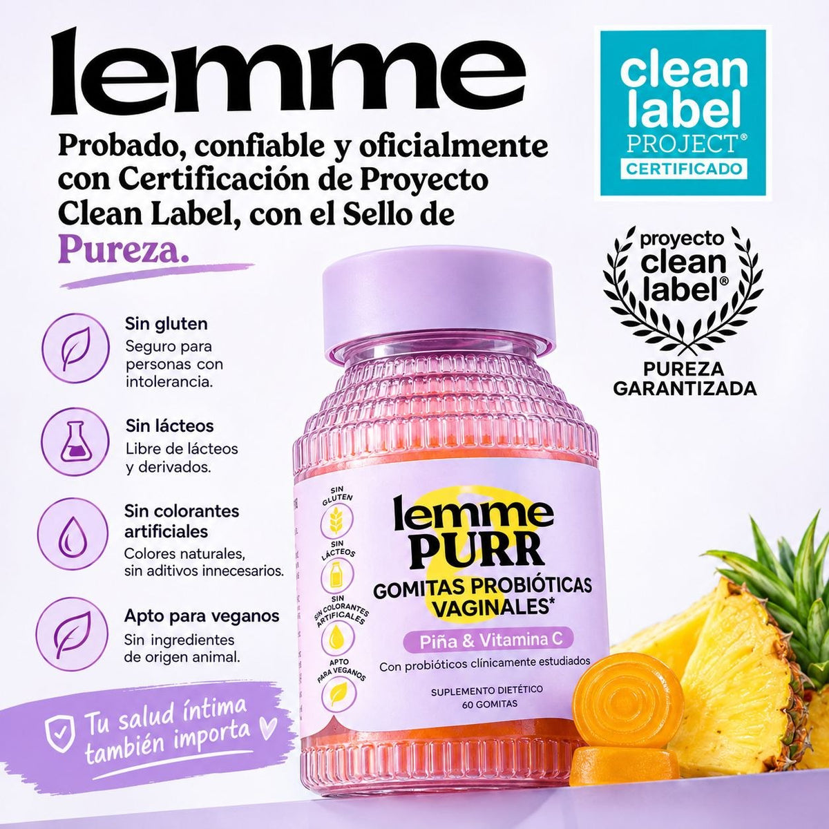 🍍 Lemme Purr – Gomitas Probióticas Vaginales con Piña y Vitamina C
