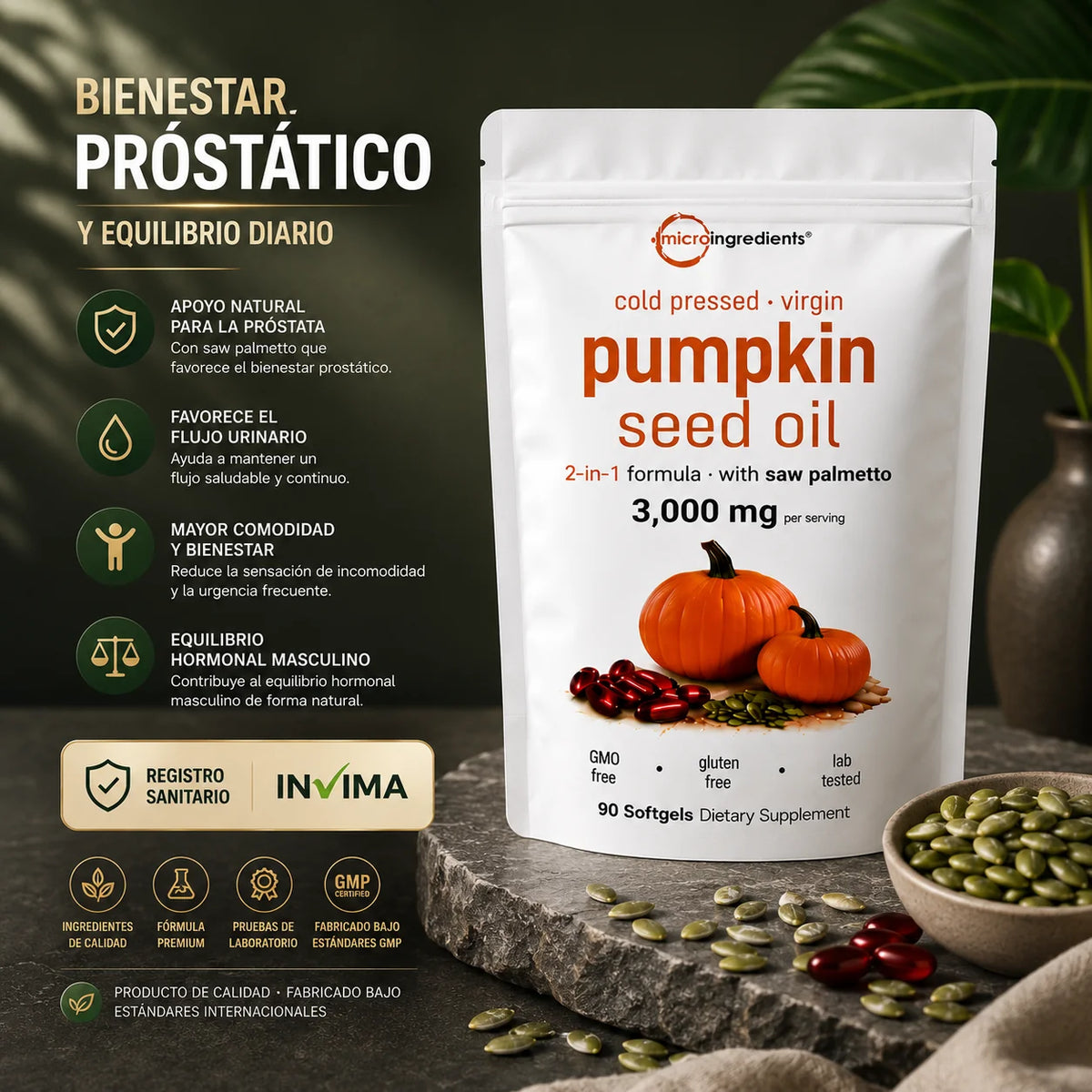 Pumpkin Seed Oil Microingredients® 3000 mg + Saw Palmetto Apoya tu Salud Prostática y fortalece tu cabello desde hoy