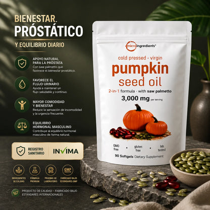 Pumpkin Seed Oil Microingredients® 3000 mg + Saw Palmetto Apoya tu Salud Prostática y fortalece tu cabello desde hoy