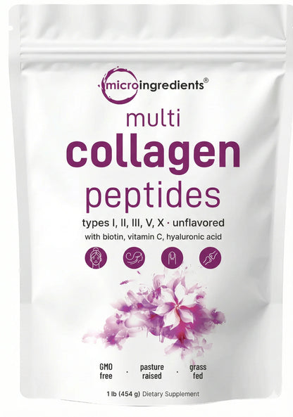 Multicolageno de Péptidos Microingredients® 1lb Mezcla Avanzada de 5 Colágenos, Biotina, Vitamina C y Ácido Hialurónico, descubre los beneficios desde hoy.