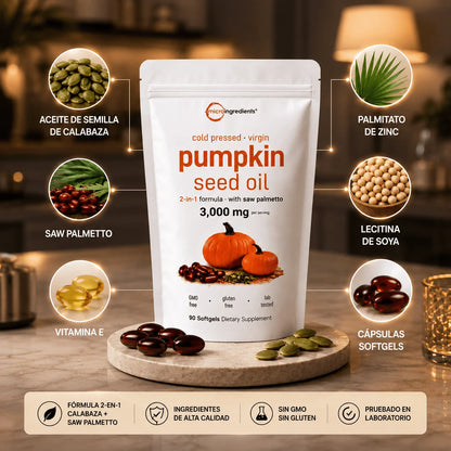 Pumpkin Seed Oil Microingredients® 3000 mg + Saw Palmetto Apoya tu Salud Prostática y fortalece tu cabello desde hoy