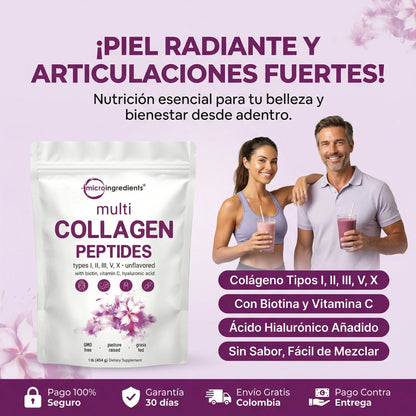Multicolageno de Péptidos Microingredients® 1lb Mezcla Avanzada de 5 Colágenos, Biotina, Vitamina C y Ácido Hialurónico, descubre los beneficios desde hoy.